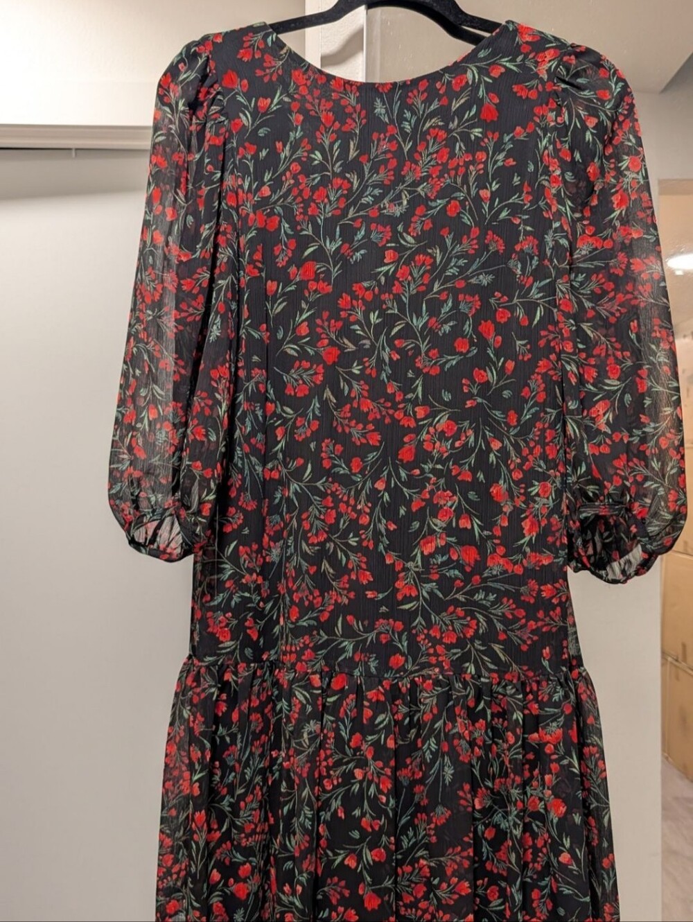 Calvin Klein Floral Mini Dress Black/Red/Green Sheer Puff Sleeve Size s